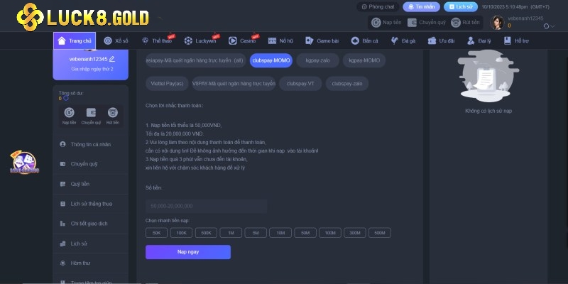 Tiến hành nạp tiền Luck8 cùng ví điện tử MOMO cực tiện lợi